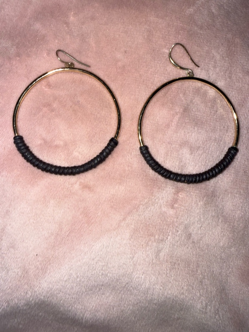 Handwrapped Gold Hoop Earrings with Black Thread Accent